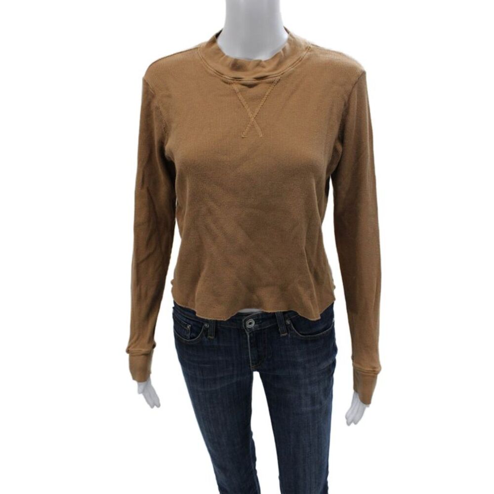 Mate Womens Pullover Mock Neck Long Sleeve Cotton Top Brown Size S
